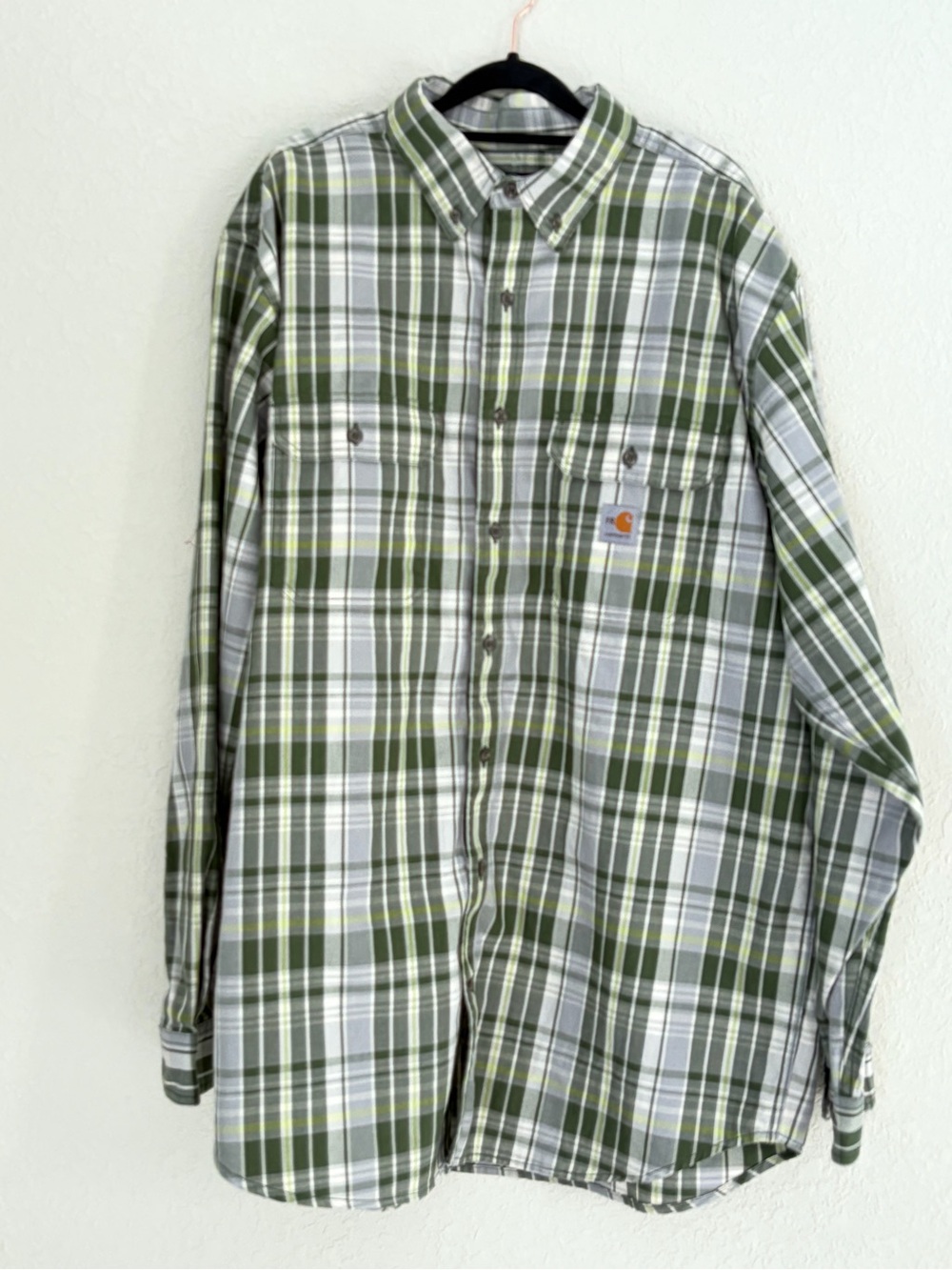 Carhartt FR Fire Resistant Shirt Mens XL Tall Green Plaid Long Sleeve Relaxed
